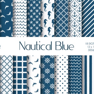 Nautical White &amp; Navy Blue Digital Paper, Scrapbook Papers, Nautical ...