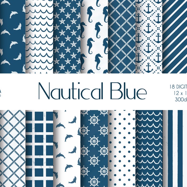 Nautical White & Navy Blue Digital Paper, Scrapbook Papers, Nautical Backgrounds, Ocean Patterns, Printable Paper, Commercial Use