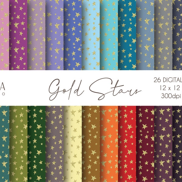 Gold Glitter Stars Digital Paper, Gold Stars Glitter, Stars Pattern, Scrapbook Paper, Gold Stars, Background, Commercial Use