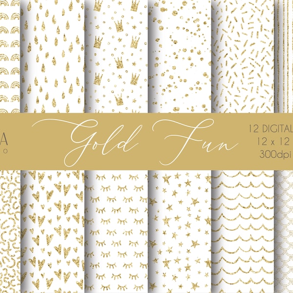 Gold & White Glitter Digital Papers, Gold Patterns, Printable Scrapbook Paper, Stars, Stripes, Dots, Hearts, Crown, Rainbow, Commercial Use