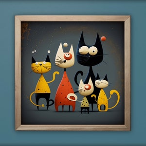 Miro Cats Crazy Family - AI-generated high resolution Illustration with hand-painted details - Digital Wall Art Children Illustration