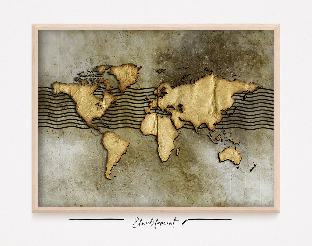 Printable Poster of the World Map in Gold Paper Color, Downloadable ...
