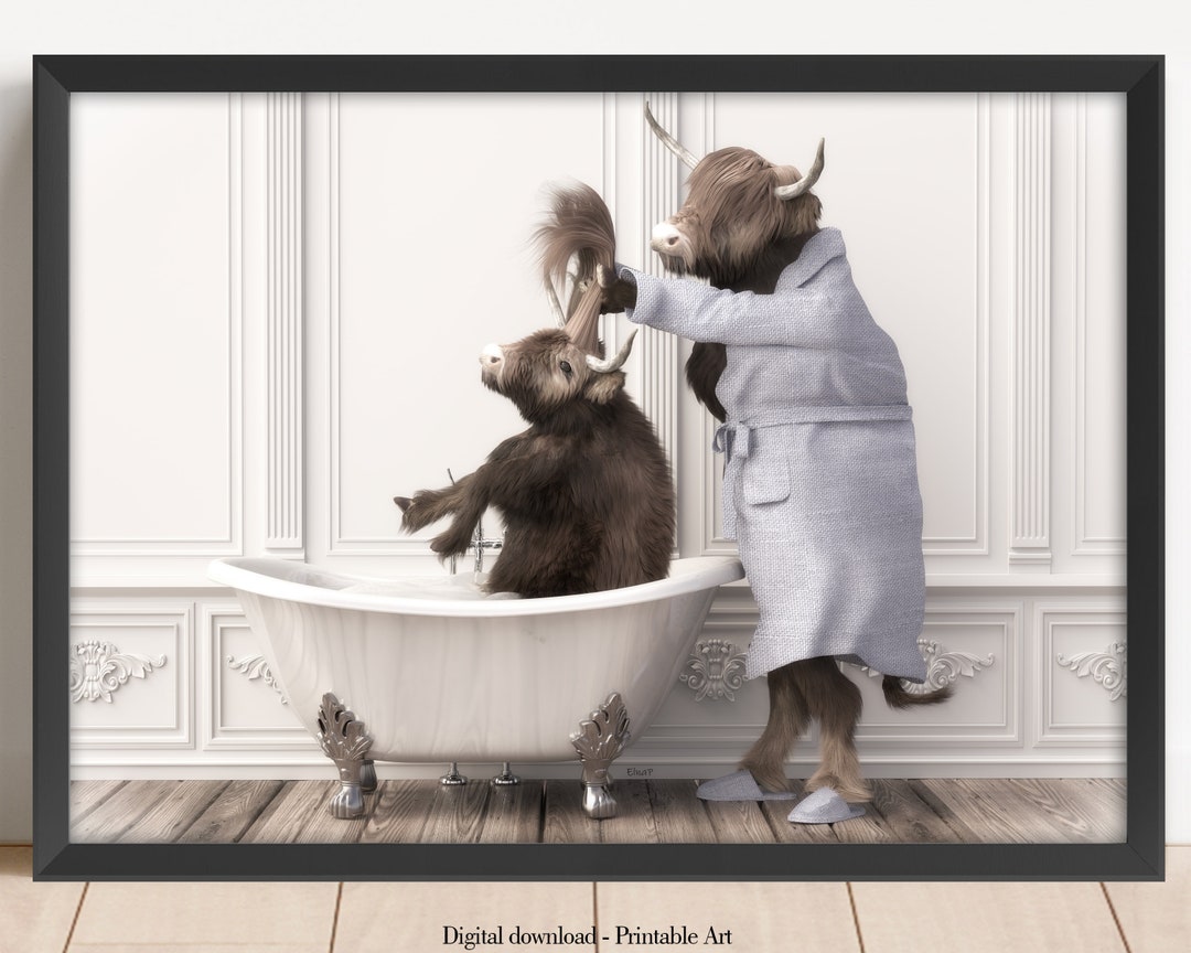 Scottish Highland Cattle in Bathtub Print,highland Cow Art,highland Cow ...