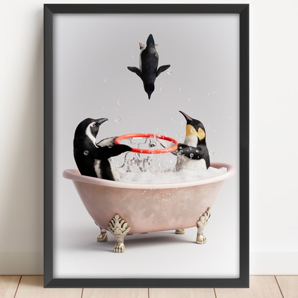 Penguins in Tub Printable, Animal in Bathtub, penguin artwork, penguin art, funny animal art, funny bathroom print, unique washroom art