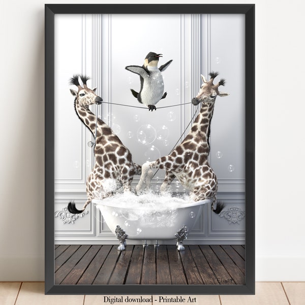 Penguin in Tub Printable Wall Art, washroom decor, Giraffe Photo, penguin tightrope walker, Bathroom Wall Decor Printable, toilet art