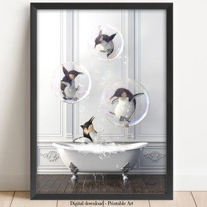 Penguins in Tub Printable,Animal in Bathtub, penguin art,Digital Download,funny bathroom print,  bathtub print, bathtub art, bathroom decor