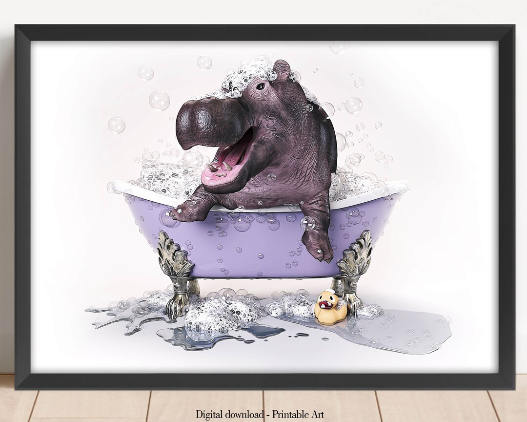 Hippo in Tub Printable Wall Art, Funny Animal in Toilet, Hippo Photo
