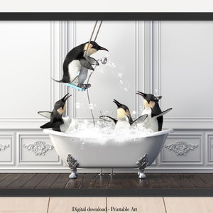 Penguins in Tub Printable,Animal in Bathtub, penguin art,print animal downloadable print bathroom decor,Funny Bathroom Print,animal art