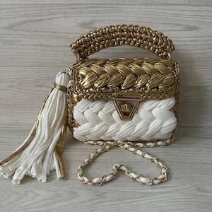 metallic custom handmade bag\crochet tote hand woven gold bag\white and gold clutch bag\The most special gold bag for lovers