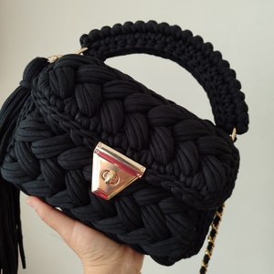 Dark Black Crochet Knitted Handmade Bag \Valentine&#39;s day gift for her\Crochet Black Shoulder Bag\Best Gift