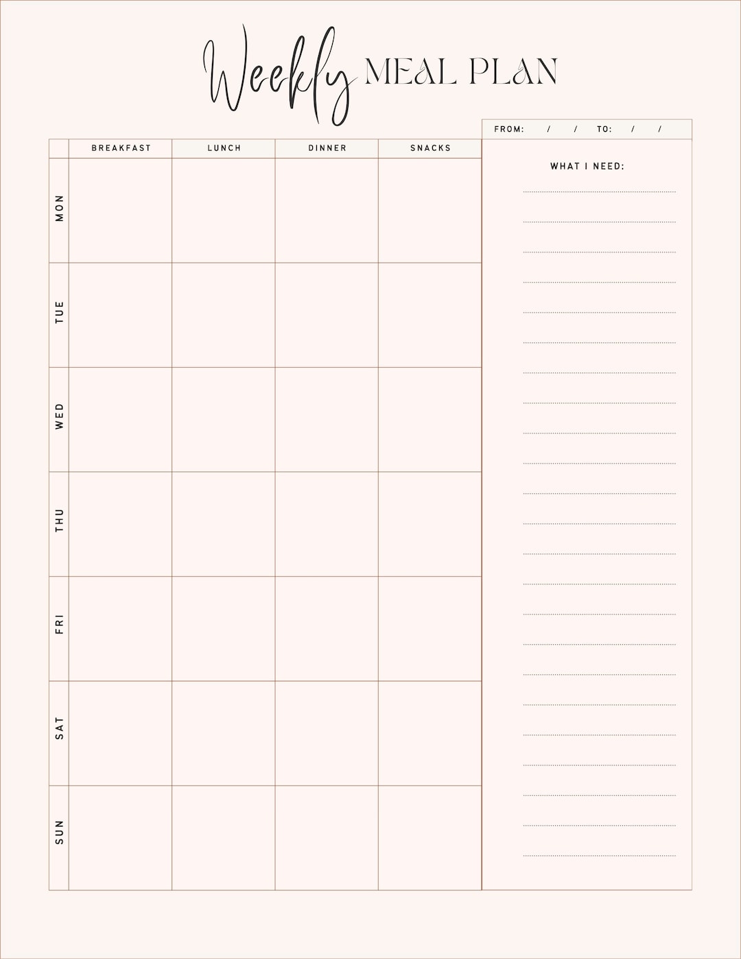 Simple Weekly Meal Planner Printable - Etsy