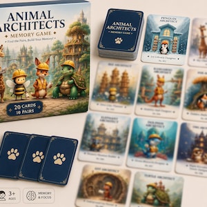 Puede incluir: Juego de memoria Animal Architects con una caja azul que muestra ilustraciones de un pingüino, jirafa, abeja, zorro y tortuga con cascos de construcción. Incluye un mazo de cartas, una tarjeta de instrucciones y cartas individuales de personajes.
