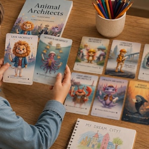 May include: A set of Animal Architects flashcards featuring illustrated animals in professional roles, including a Lion Architect, Octopus Architect, and others. The cards display titles and descriptive text, accompanied by a My Dream City spiral notebook.