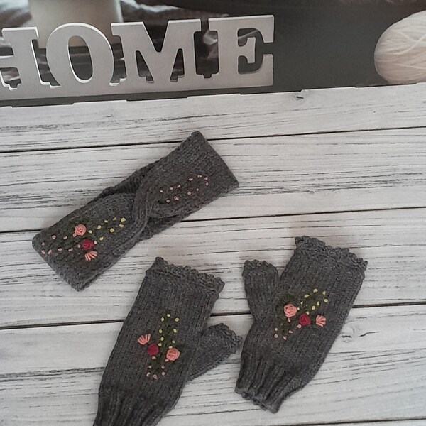 Vrouwelijke grijze bloemenvingerloze handschoenen en hoofdbandset, warm houden in stijl, perfect wintercadeau, stijlvol blijven