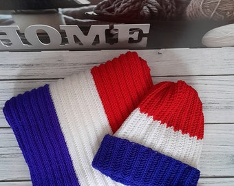 Wool Scarf beanie set men,custom personalized gift for him,Team football country France flag,knit blue white red winter hat