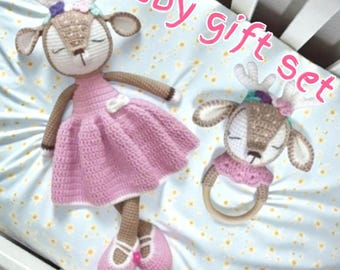 Crochet Deer Baby Toy and Rattle Set, Organic Cotton