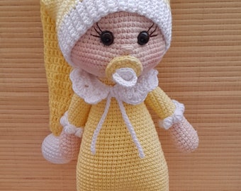 Handmade Doll,Sleeping Amigurumi finished Toy,Crochet doll,Knitted Yellow Soft Cotton Gifts for babies Birth 1st Birthday Baby shower