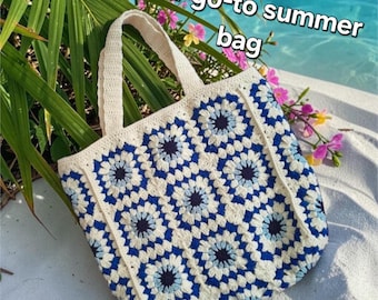 Handgemachte Blau Weiß häkeln Oma Quadrat Evil Eye Einkaufstasche, Boho Strand Geldbörse