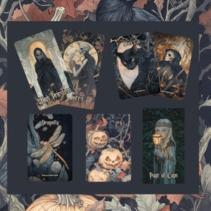May include: A selection of tarot cards with gothic and fantasy illustrations. The cards depict a High Priestess, Lovers, a Black Cat, a Skeleton, a Dragonfly, Jack-o'-lanterns, and a Page of Cups. The cards have a dark, autumnal colour palette.