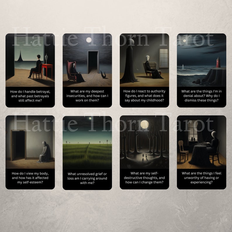 May include: Nine tarot cards with black borders and white text. Each card features a surreal painting with a dark, mysterious atmosphere. The text on each card poses a question about self-reflection and personal growth.