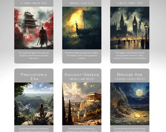 May include: A colorful illustration depicting different historical eras, including Feudal Japan, the Viking Age, the Victorian Era, the Prehistoric Era, Ancient Greece, and the Bronze Age. Each era is represented by a unique image and a brief description of its key characteristics.