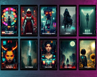 Puede incluir: Un conjunto de 10 cartas de tarot con ilustraciones de temática cyberpunk. Las cartas presentan una variedad de personajes y escenas, incluyendo una mujer con cuernos, una figura encapuchada y un horizonte urbano. Las cartas están todas enmarcadas en negro y tienen un brillo de neón.