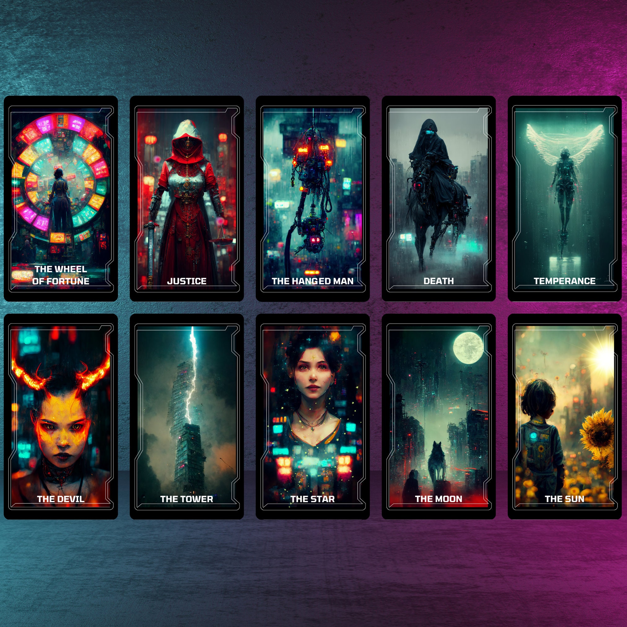 Cybertarot • 78 Card Sci-fi Tarot Deck • Hattie Thorn • Neon Dystopia ...