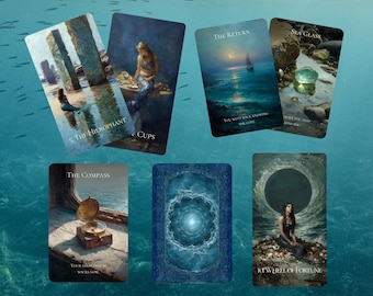 May include: A collection of tarot cards featuring mystical illustrations. The cards depict mermaids, seascapes, and celestial elements. The cards are arranged against a watery background, suggesting a theme of divination and the ocean.