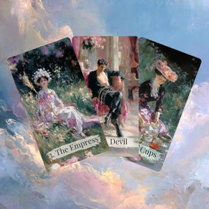 Puede incluir: Tres cartas de tarot con arte vintage. La carta de la Emperatriz muestra a una mujer con un vestido blanco, el Diablo a un hombre de negro, y las Copas a una mujer con sombrero. El fondo es un cielo nublado.