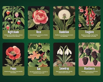 May include: A set of eight illustrated cards featuring different plants and flowers, each with a name and a short description. The cards are on a dark green background.
