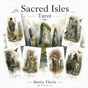 May include: The Sacred Isles Tarot deck by Hattie Thorn features 78 cards with watercolor-style illustrations. Six cards are displayed, showing The Fool, The Magician, The Empress, The Lovers, The Chariot, and Justice, all set against a backdrop of standing stones.