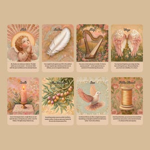 Op de afbeelding: Acht tarotkaarten met illustraties en tekst. De kaarten bevatten afbeeldingen van een engel, een veer, een harp, engelen vleugels, een kaars, olijftakken, een duif en een garenklos. Elke kaart heeft een uniek ontwerp en kleurenpalet.