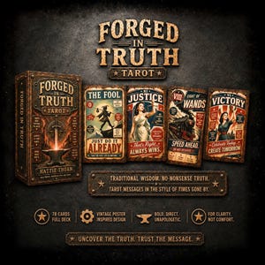 May include: A Forged in Truth Tarot deck set featuring a box and four cards titled The Fool, Justice, Eight of Wands, and Victory. The design uses a rusted metal aesthetic with bold typography and vintage-style illustrations. Text includes Forged in Truth, Hattie Thorn, and various motivational phrases on a dark, textured background.