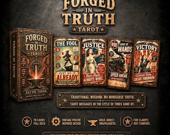 May include: A Forged in Truth Tarot deck set featuring a box and four cards titled The Fool, Justice, Eight of Wands, and Victory. The design uses a rusted metal aesthetic with bold typography and vintage-style illustrations. Text includes Forged in Truth, Hattie Thorn, and various motivational phrases on a dark, textured background.