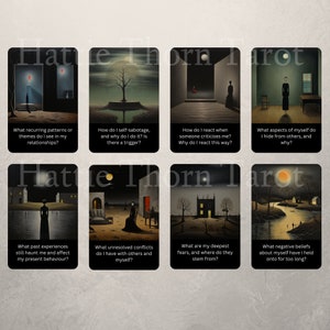 May include: A set of 8 tarot cards with surrealist paintings and thought-provoking questions about self-reflection and personal growth. Each card features a unique image and a question to guide introspection.