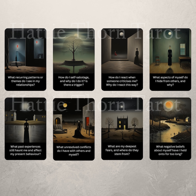 May include: A set of 8 tarot cards with surrealist paintings and thought-provoking questions about self-reflection and personal growth. Each card features a unique image and a question to guide introspection.