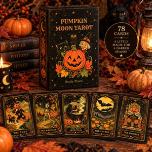 Pode incluir: Um baralho de tarot Pumpkin Moon e cinco cartas com ilustrações de Halloween. A caixa preta exibe uma abóbora, uma coruja, um gato e uma bruxa com o texto PUMPKIN MOON TAROT. As cartas mostram O Louco, O Mago, A Sacerdotisa, Os Amantes e O Imperador.