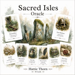 May include: The Sacred Isles Oracle deck by Hattie Thorn features 50 cards with watercolour illustrations of items like a rusted key, iron helmet, antler, horseshoe, clay jug, raven feather, locked chest, and wax seal, set against standing stones.