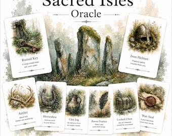 May include: The Sacred Isles Oracle deck by Hattie Thorn features 50 cards with watercolor illustrations of items like a rusted key, iron helmet, antler, horseshoe, clay jug, raven feather, locked chest, and wax seal, set against standing stones.