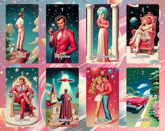 May include: Eight tarot cards with vintage-style illustrations. Each card depicts a different scene, such as a magician, lovers, and a red convertible car. The cards are set against a cosmic background with planets and stars, evoking a sense of the unknown.