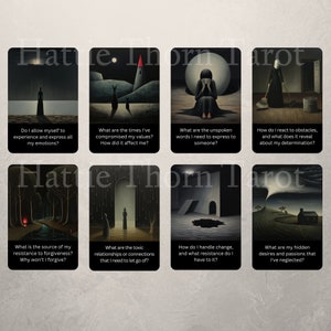 May include: A set of eight tarot cards with dark backgrounds and illustrations. Each card features a question related to self-reflection and personal growth. The cards are part of the Hate Thorn Tarot deck.