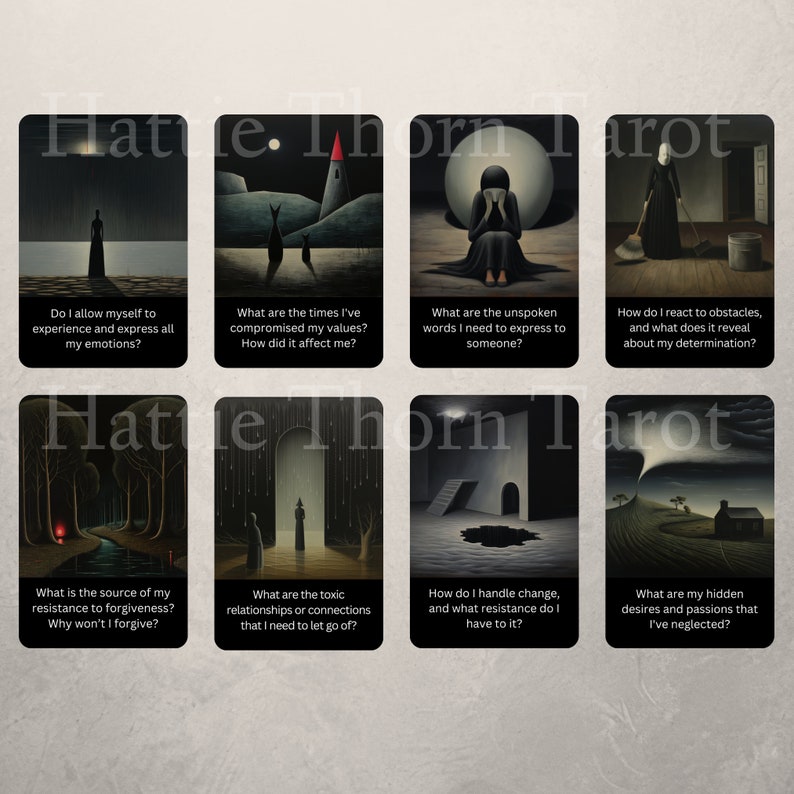 May include: A set of eight tarot cards with dark backgrounds and illustrations. Each card features a question related to self-reflection and personal growth. The cards are part of the Hate Thorn Tarot deck.