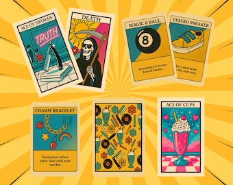 May include: A set of tarot cards featuring vibrant illustrations. Cards include "Ace of Swords" with "Truth", "Death" with a Grim Reaper, "Magic 8 Ball", "Velcro Sneaker", "Charm Bracelet", and "Ace of Cups" with a milkshake. The background is yellow with radial lines.