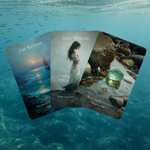 May include: Three oracle cards with artistic illustrations and text. The cards are titled "The Return", "Salt Wound", and "Sea Glass". The "Return" card depicts a ship at sea. The "Salt Wound" card shows a woman. The "Sea Glass" card shows sea glass.