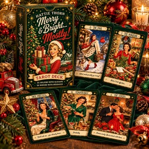 Può includere: Un mazzo di tarocchi Hattie Thorn Merry & Bright... Mostly! con una scatola che raffigura una donna con dei regali, accompagnato da cinque carte intitolate The Fool, The Magician, High Priestess, Temperance e The Lovers, con immagini natalizie.