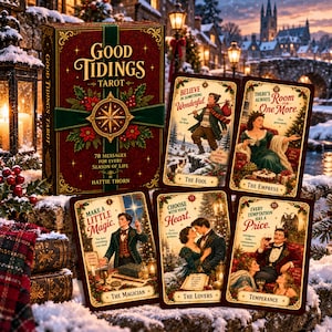May include: A Good Tidings Tarot deck box and five illustrated cards featuring holiday themes. The box displays the title, 78 messages for every season of life, and Hattie Thorn. Cards show The Fool, The Empress, The Magician, The Lovers, and Temperance.