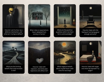 The Dark Mirror Shadow Work Cards by Hattie Thorn. Original Design 50 Card Deck now including printed Dark Mirror Tuck Box