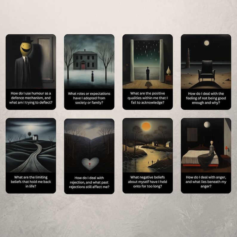 May include: A set of eight cards with surrealist paintings and thought-provoking questions about self-reflection and personal growth. Each card features a unique image and a question related to personal development.