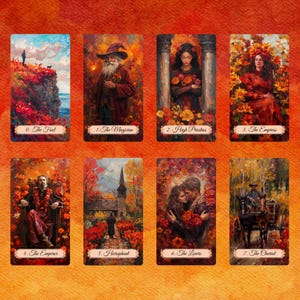 Tarot des champs d'automne par Hattie Thorn. Jeu de 78 cartes au design original basé sur Rider Waite, y compris la boîte Autumn Fields