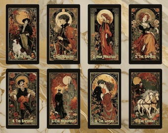 May include: A set of eight tarot cards with black borders and Art Nouveau-style illustrations. Each card features a central figure or scene, with titles such as "The Fool," "The Magician," and "The Lovers." The color palette includes reds, oranges, and gold.